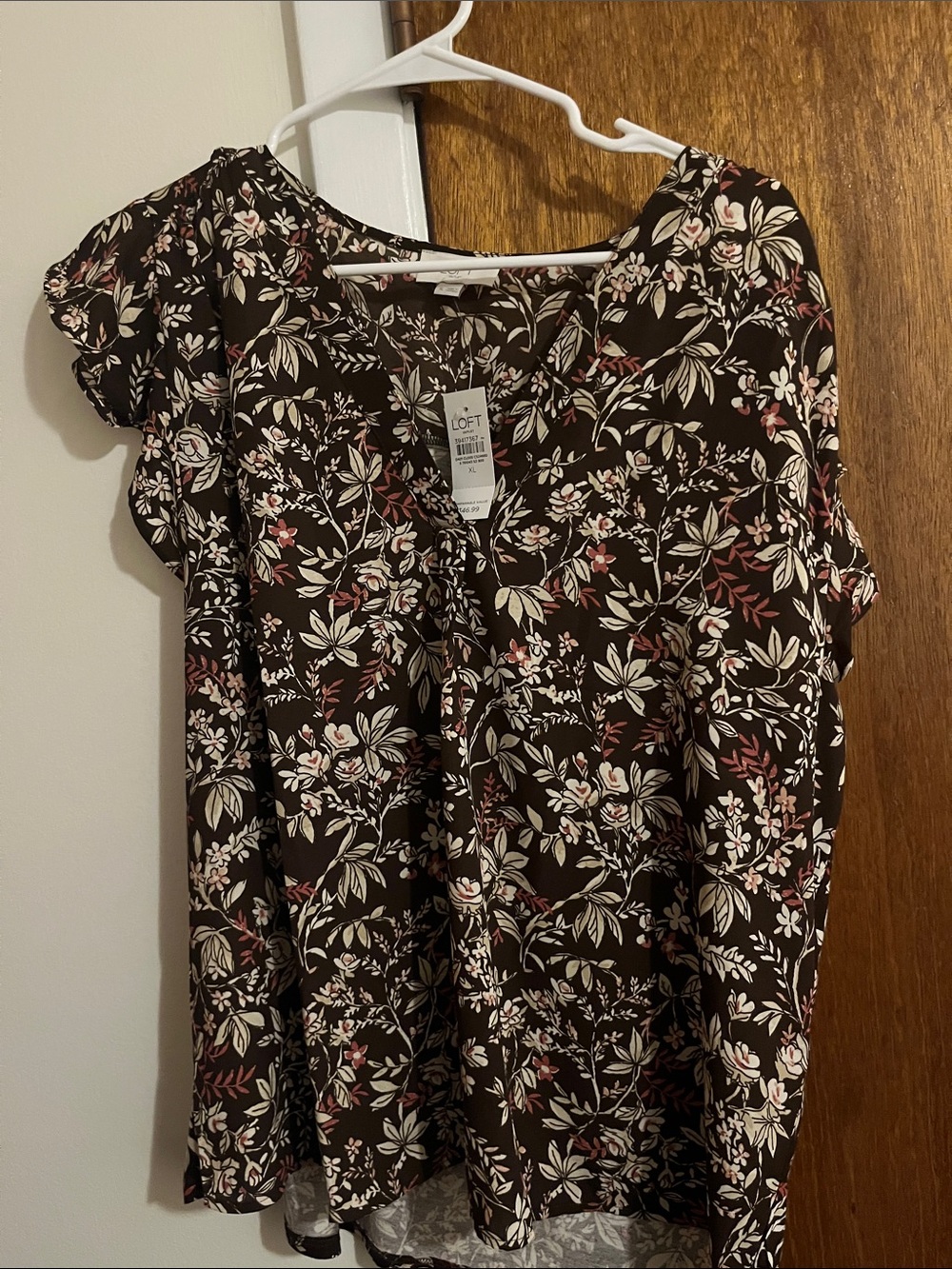 LOFT Brown Floral Ruffle Short-Sleeve Blouse